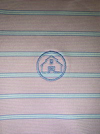 Thumbnail for Lilac Striped Performance Polo with Periwinkle and white stripes, 95% Polyester 5% Spandex, open sleeve, self-tailored collar. Ideal for golf, work, or date night.