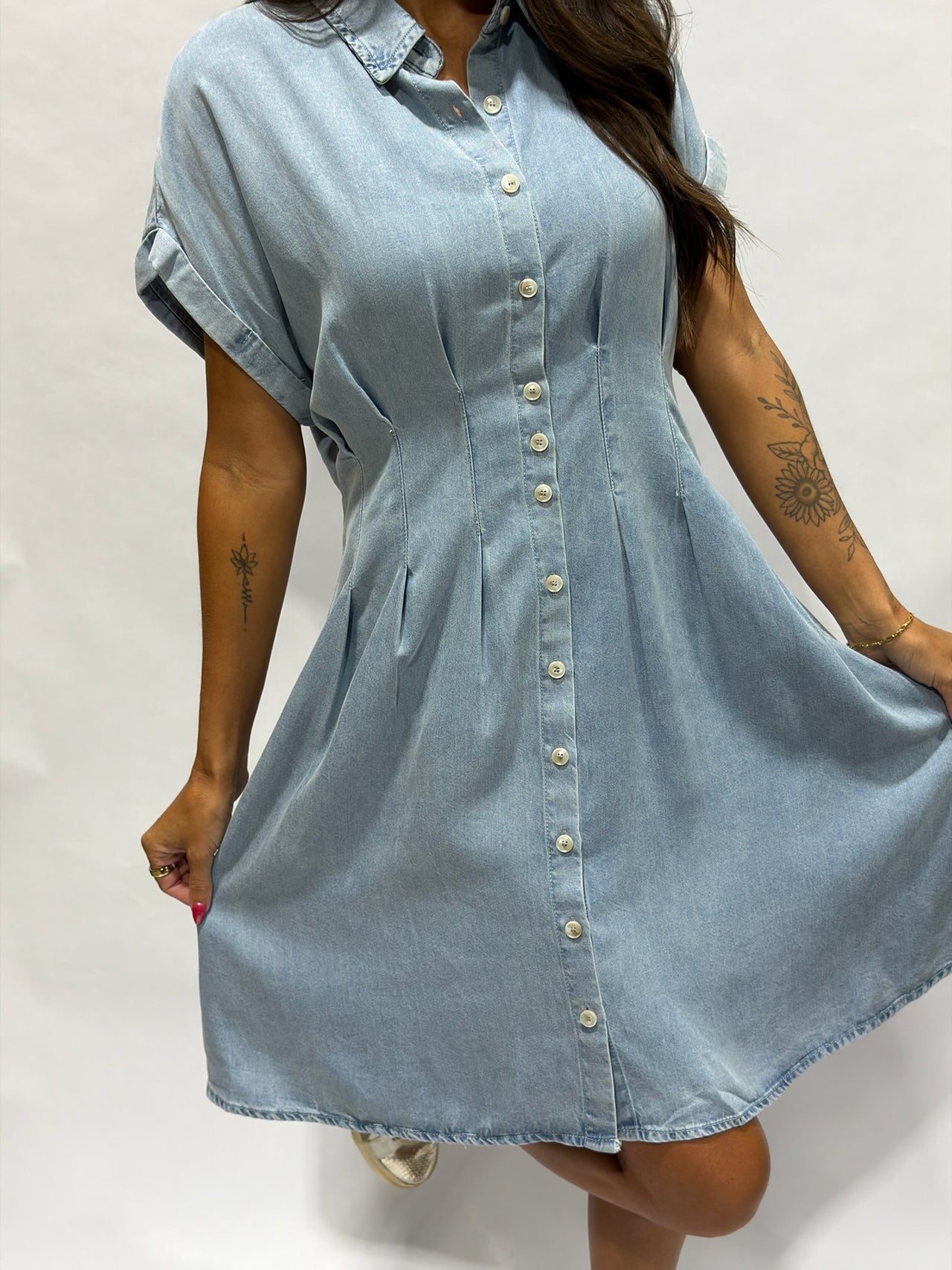 Chambray Pleated Waist Button-Front Mini Dress - Light Denim