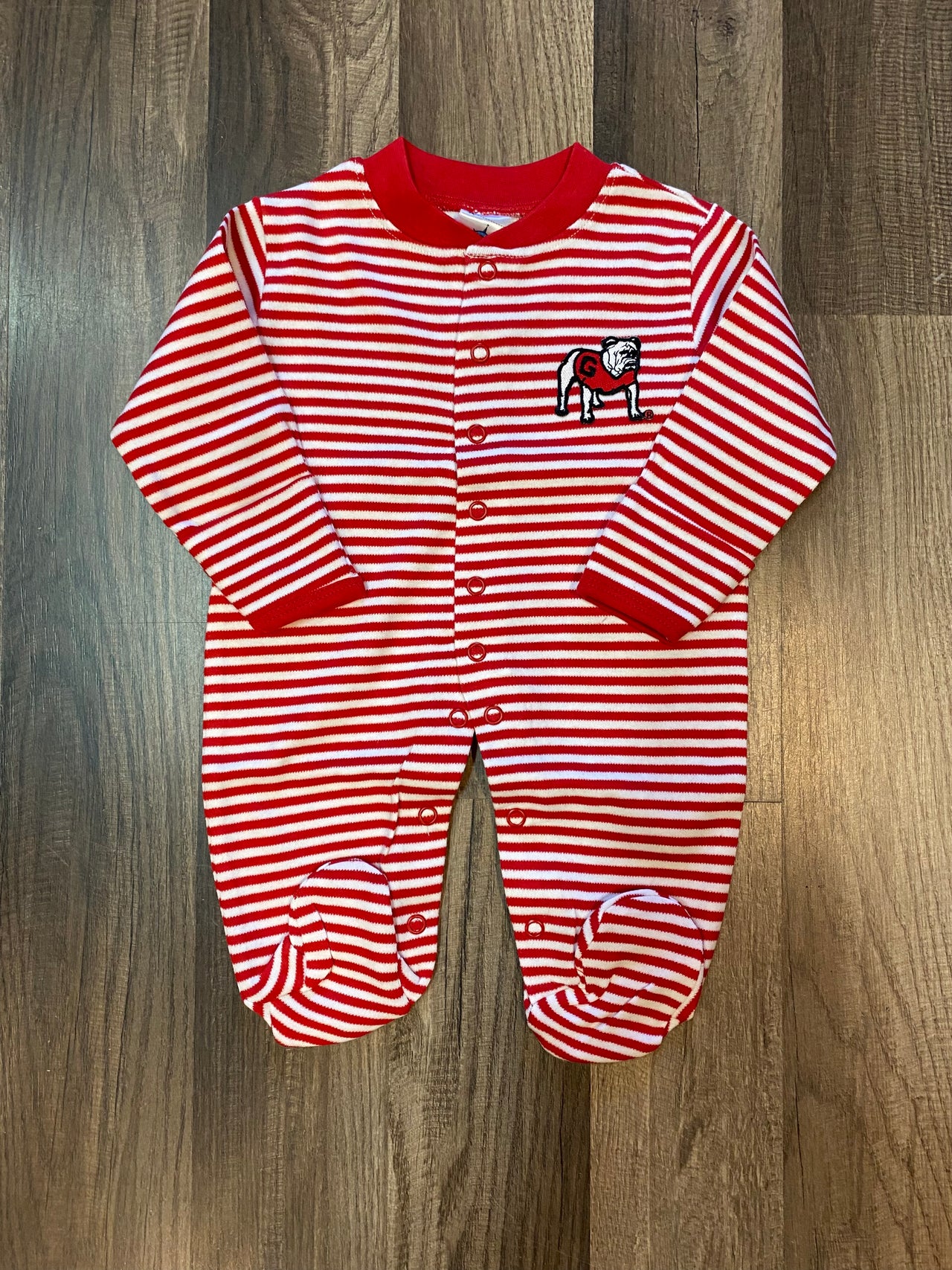 Baby. Footed Romper. Red/White Striped. UGA Standing Dog Logo.