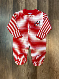 Thumbnail for Baby. Footed Romper. Red/White Striped. UGA Standing Dog Logo.
