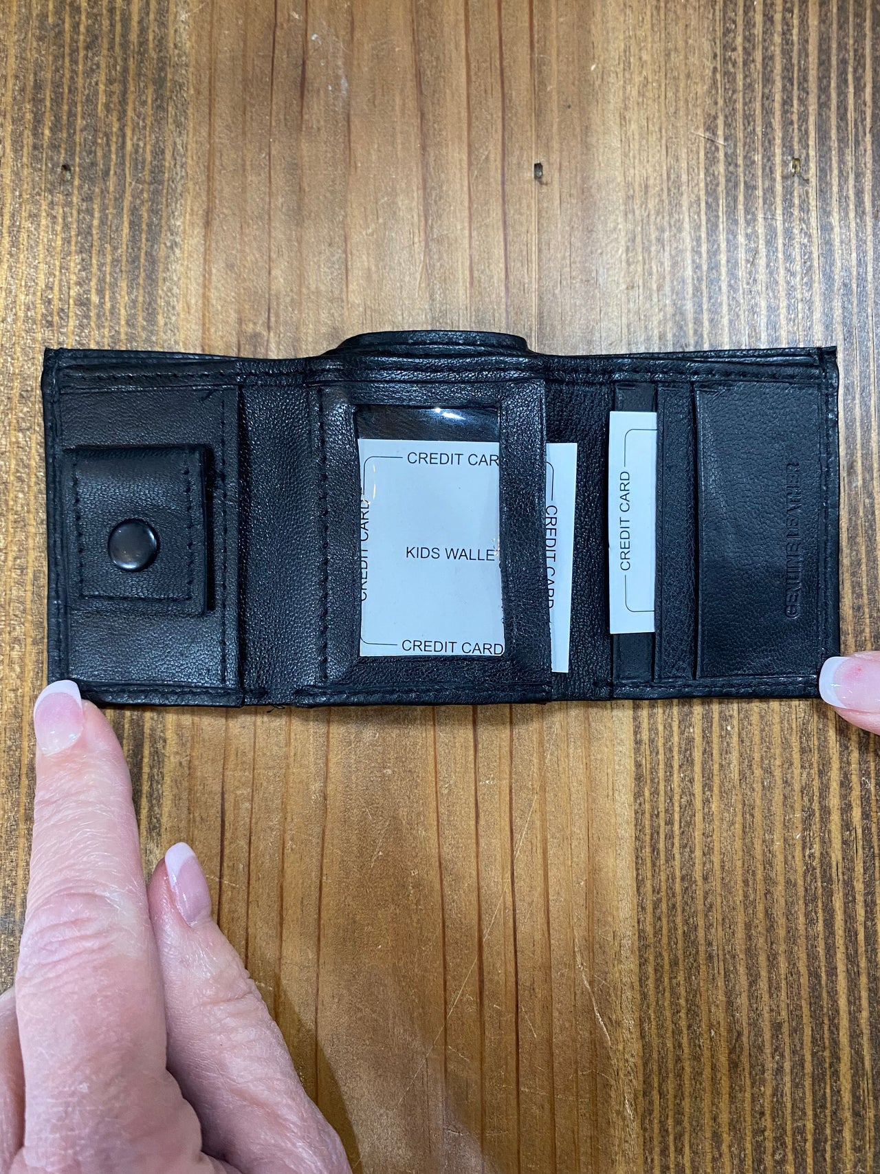 kids youth black genuine leather trifold wallet
