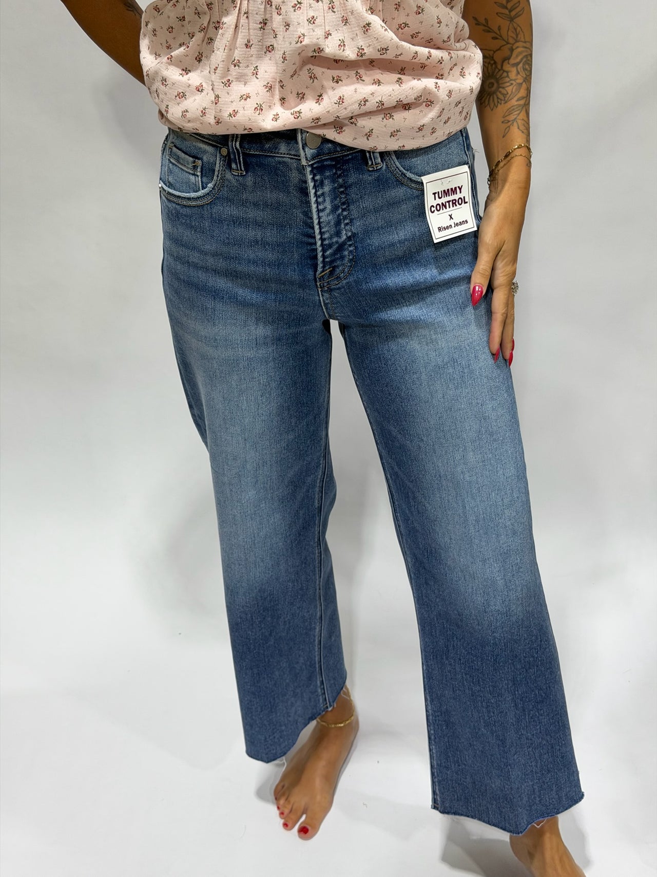 Risen Tummy Control High-Rise Crop Wide-Leg Jeans – Medium Wash