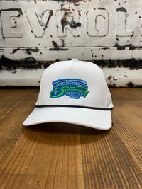 Thumbnail for Tailored South White Performance Snapback: A dynamic 5-panel cap with neon green and neon blue embroidered writing, offering a vibrant and stylish accessory for active lifestyles.