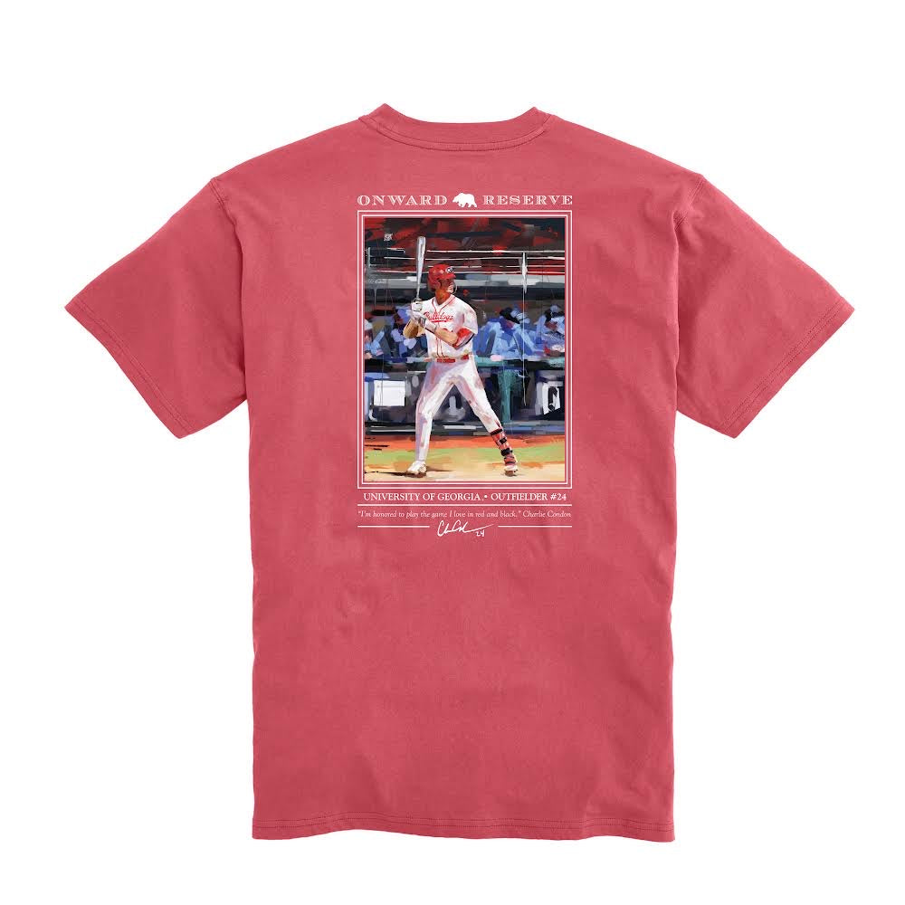 A limited edition artist tee honoring University of Georgia’s baseball player, Charlie Condon. The tee is made from 100% cotton for comfort and durability. It features a logo printed on the front pocket. The design is stylish and perfect for fans and collectors.