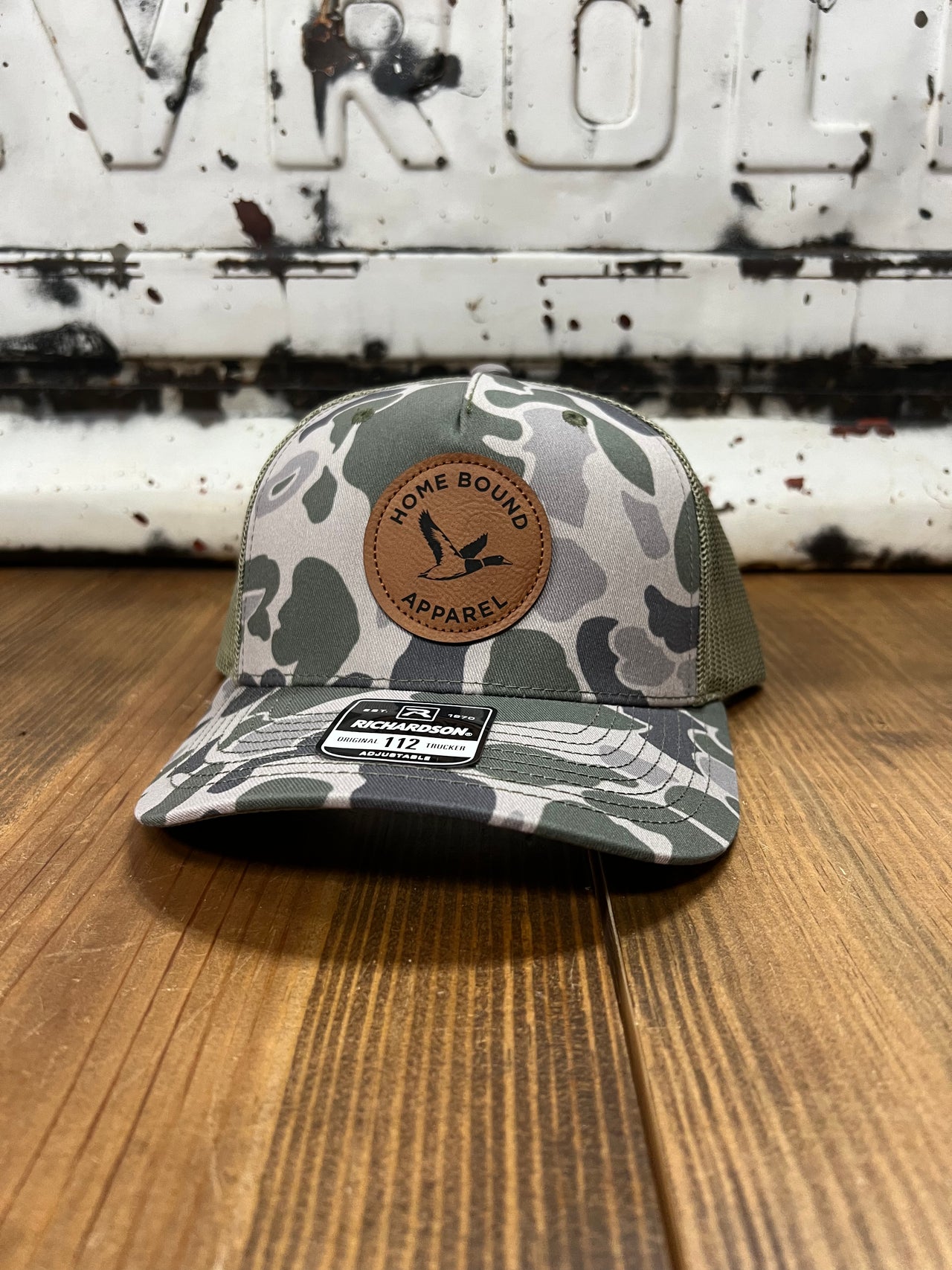 Home Bound Flying Duck Leather Patch Trucker Cap - Marsh Green Duck Camo