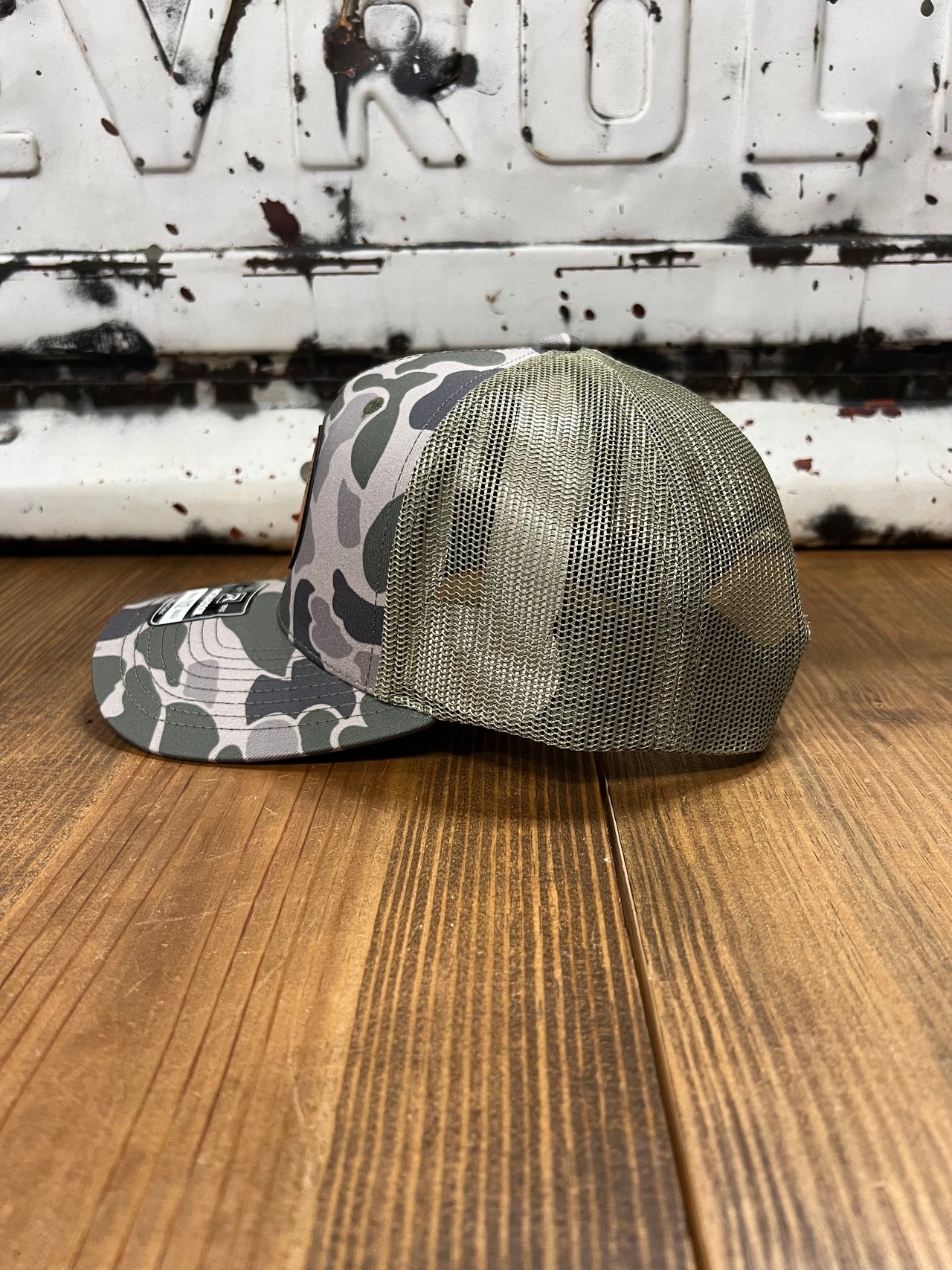 Home Bound Flying Duck Leather Patch Trucker Cap - Marsh Green Duck Camo