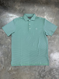 Thumbnail for A close-up image of a lime, silver, and teal striped polo shirt from Home Bound Brand, showcasing its vibrant colors and modern design.