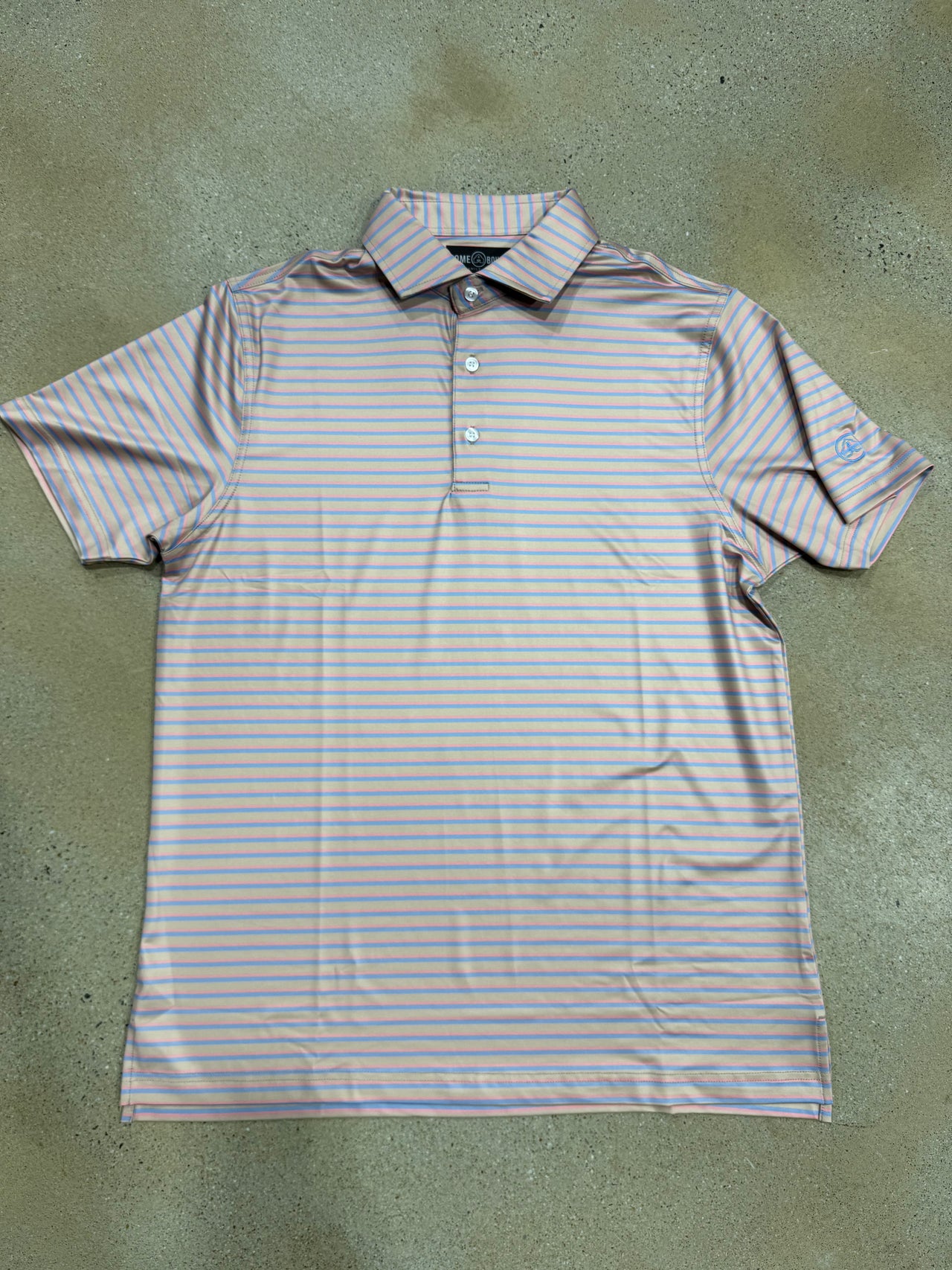 Home Bound Striped Performance Polo - Khaki/Pink/Sky