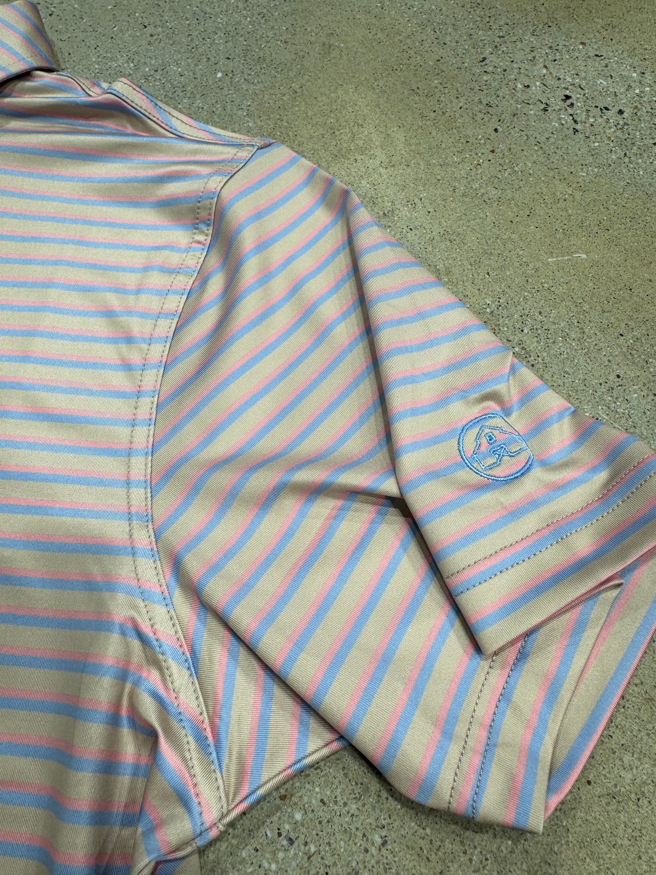 Home Bound Striped Performance Polo - Khaki/Pink/Sky