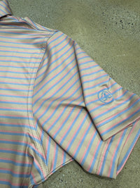 Thumbnail for Home Bound Striped Performance Polo - Khaki/Pink/Sky