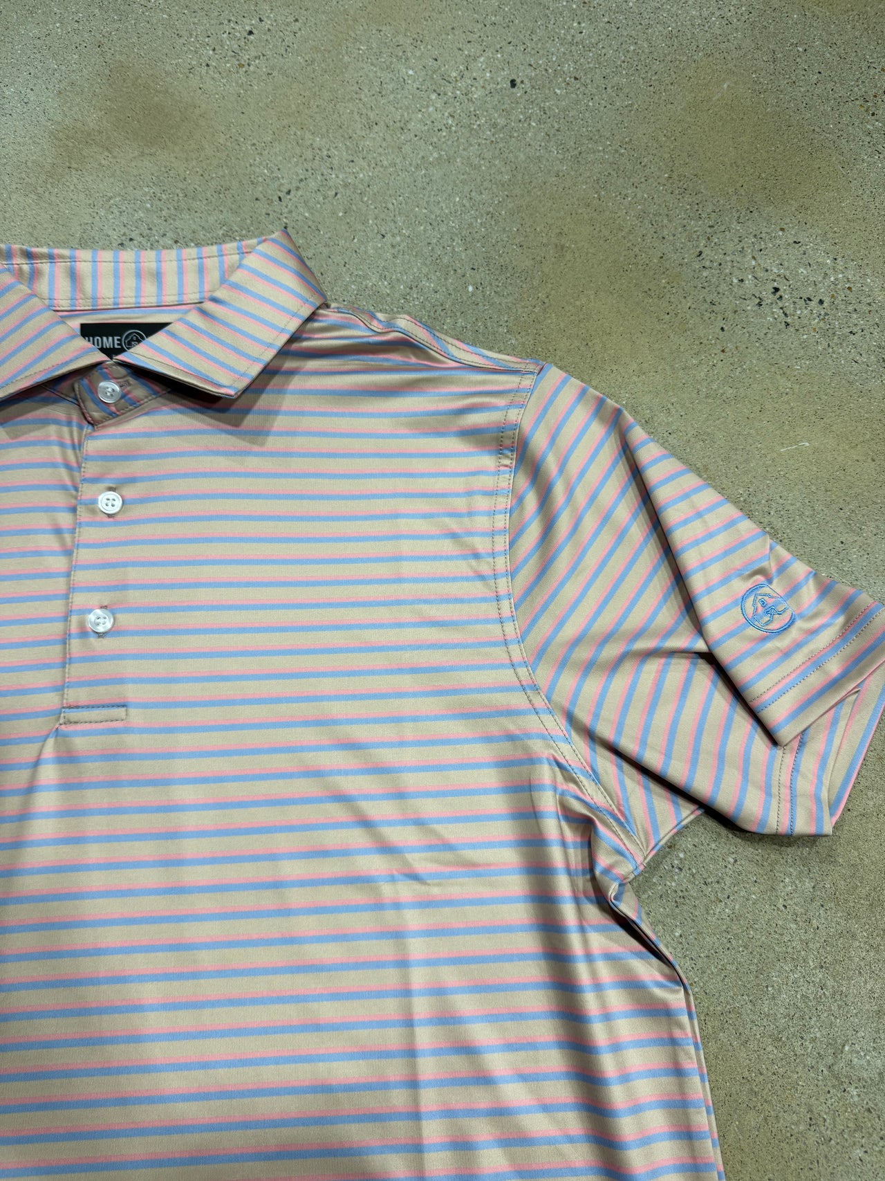 Home Bound Striped Performance Polo - Khaki/Pink/Sky