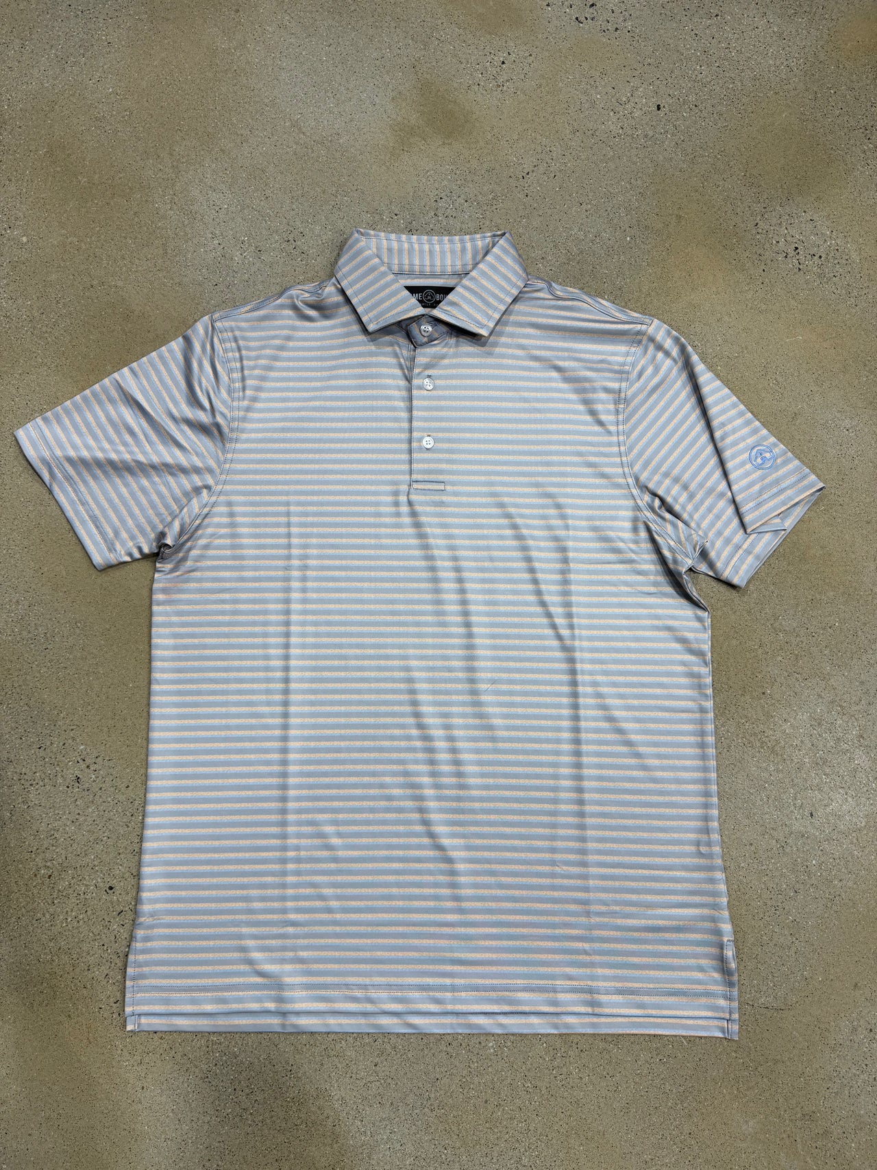Home Bound Striped Performance Polo-Peach/Sky/Grey