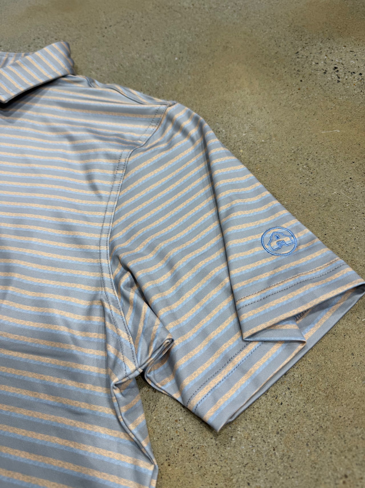 Home Bound Striped Performance Polo-Peach/Sky/Grey