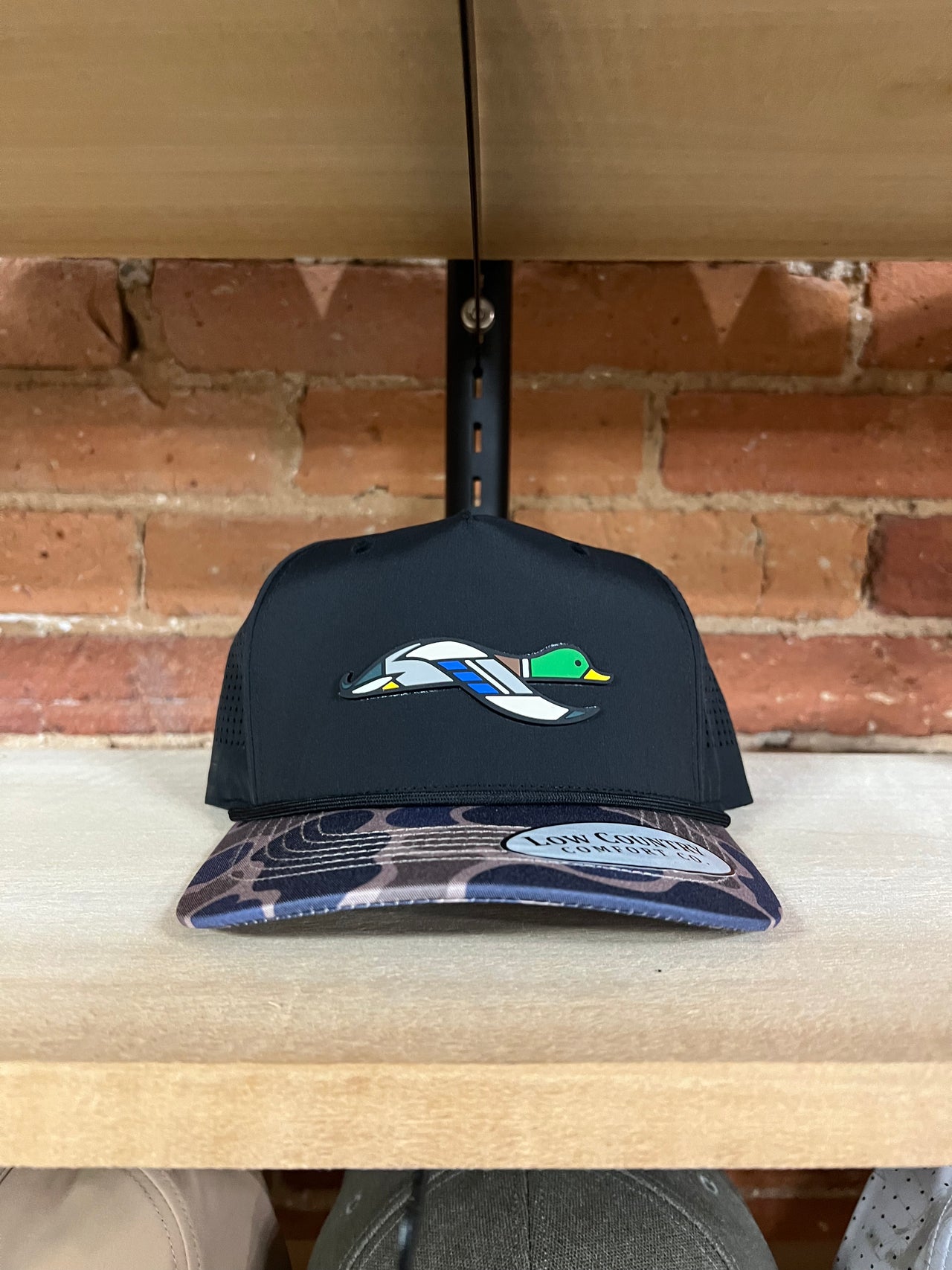 Low Country Comfort Co. Flying Mallard Performance Hat – Black/Original Shadow Grass Camo