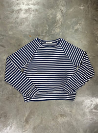 Thumbnail for Striped Waffle Knit Raglan Long Sleeve Top - Navy