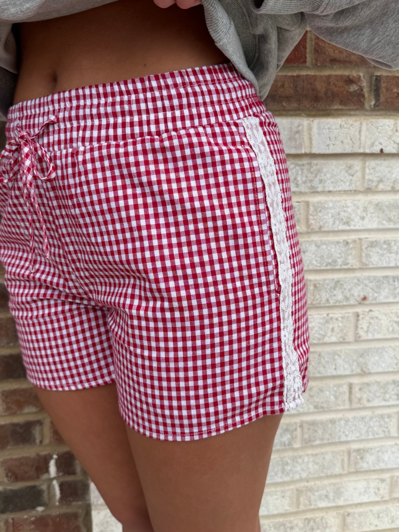 Red Gingham Shorts with Lace Detail