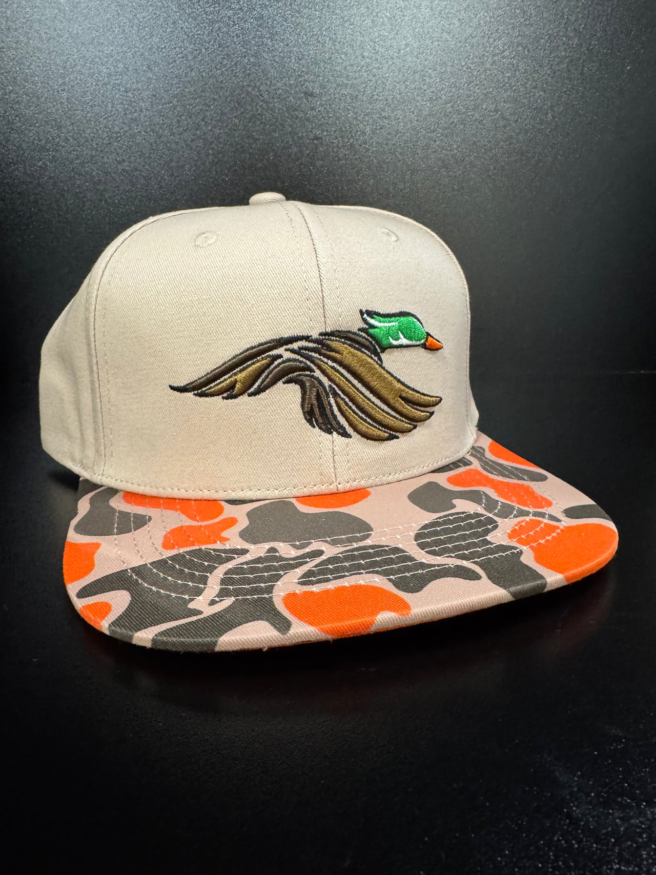 Wood Duck Puff Khaki Cap with Beige/Orange Camo Bill
