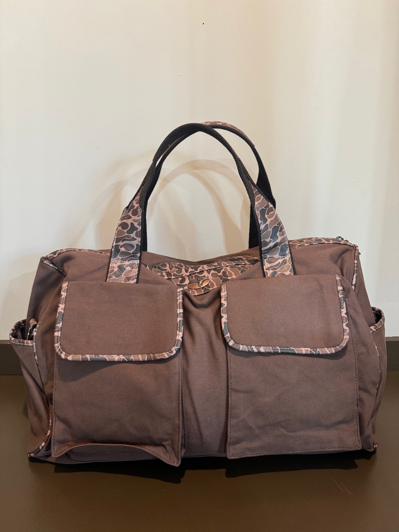 Old School Camo Brown Canvas Weekender Bag - Mallard Emblem