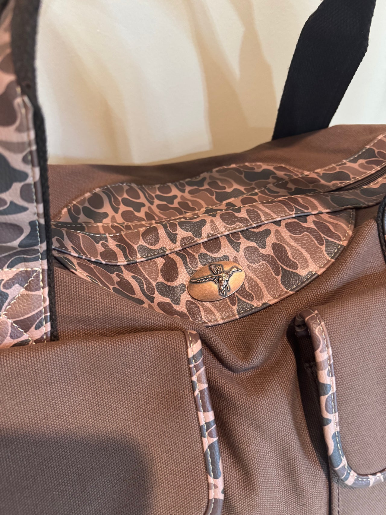 Old School Camo Brown Canvas Weekender Bag - Mallard Emblem