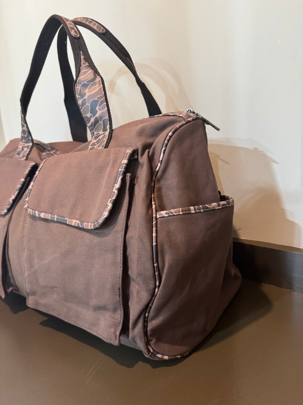 Old School Camo Brown Canvas Weekender Bag - Mallard Emblem