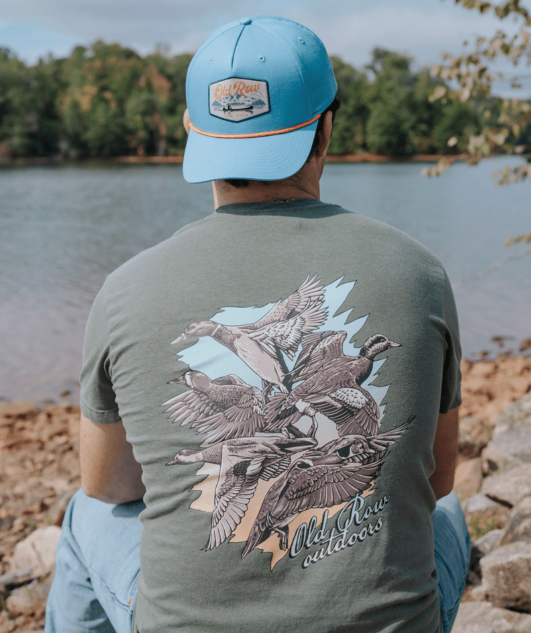 Old Row Five Ducks Short Sleeve T-Shirt in Moss featuring five flying ducks with Old Row Outdoors graphic on the back.