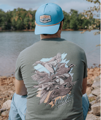 Thumbnail for Old Row Five Ducks Short Sleeve T-Shirt in Moss featuring five flying ducks with Old Row Outdoors graphic on the back.