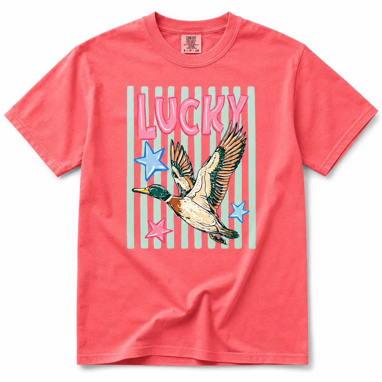 Lucky Duck graphic T-shirt in Watermelon featuring a flying mallard duck, retro stars, and striped design on a Comfort Colors® tee.