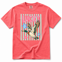 Thumbnail for Lucky Duck graphic T-shirt in Watermelon featuring a flying mallard duck, retro stars, and striped design on a Comfort Colors® tee.