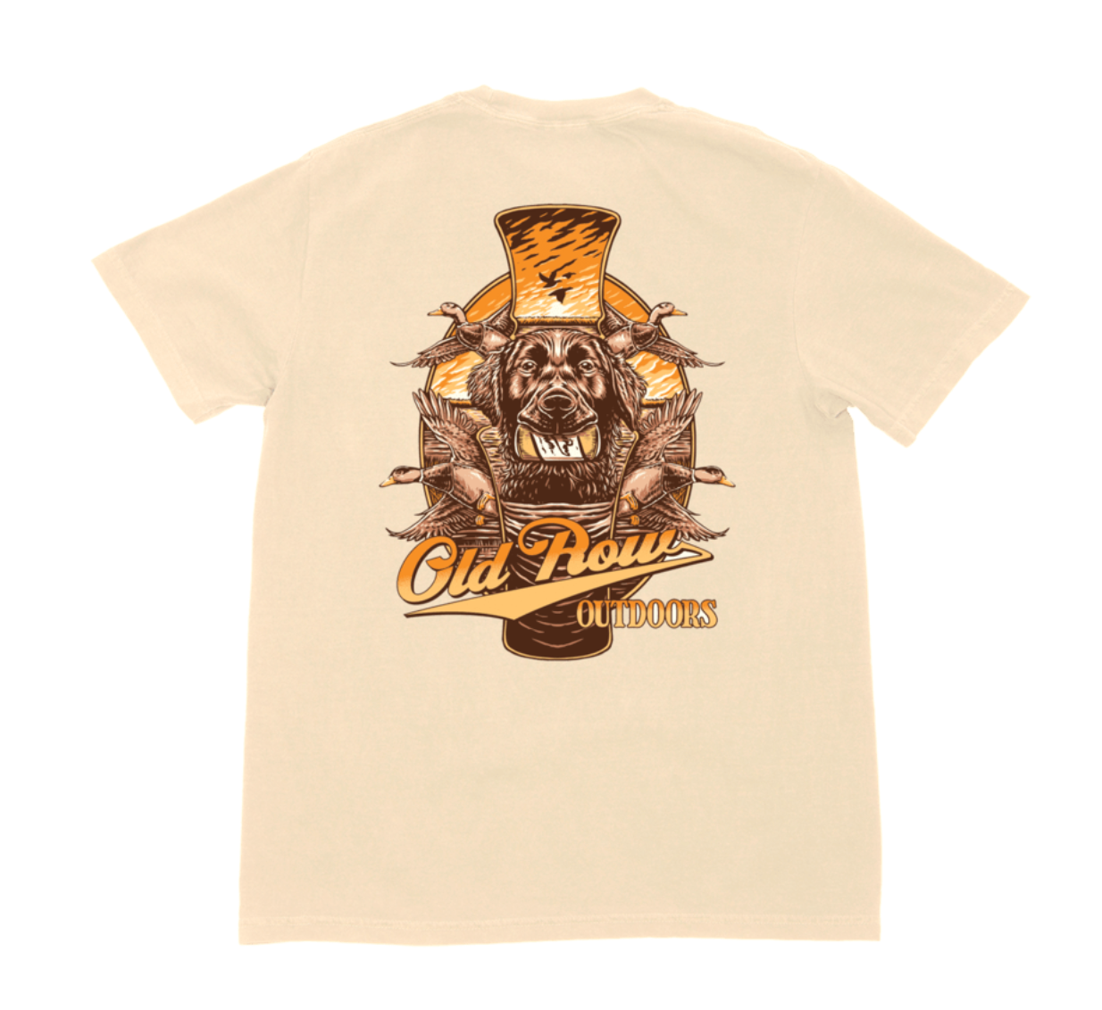 Old Row On The Hunt Short Sleeve T-Shirt in Ivory featuring a duck retriever holding a duck with flying mallards and Old Row Outdoors graphic on the back.