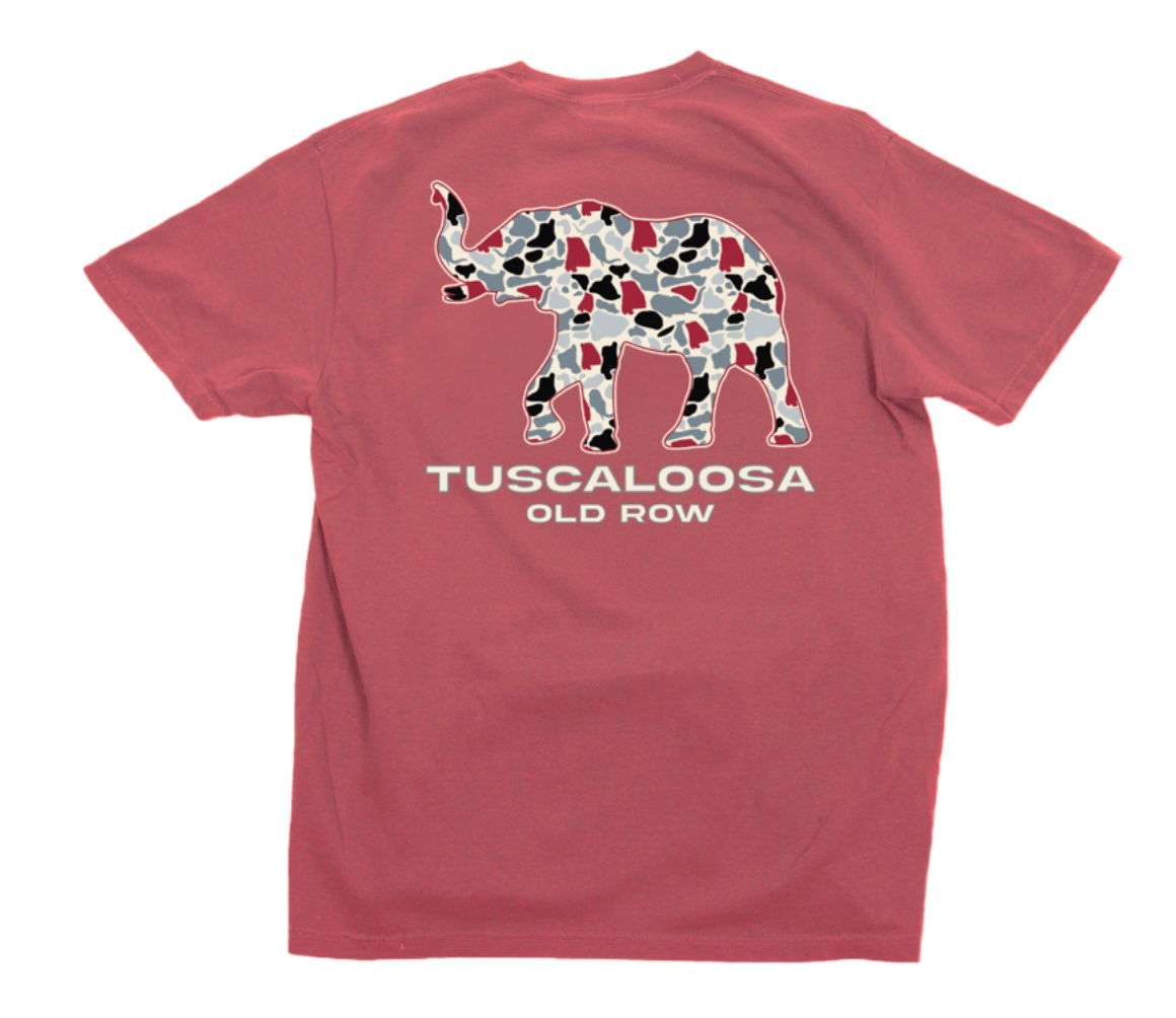 Old Row Tuscaloosa Camo Elephant Short Sleeve T-Shirt in Crimson featuring a camo elephant graphic with Tuscaloosa lettering on the back.