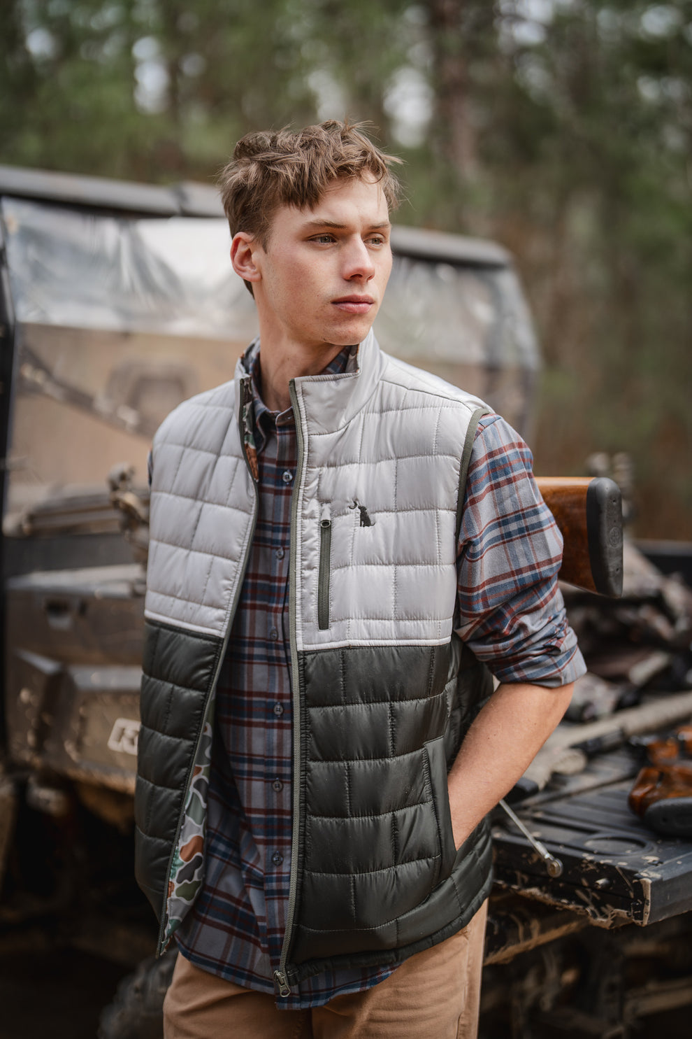 Duck Down Reversible Vest - Forest Camo