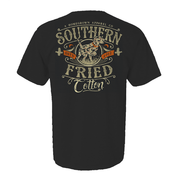 Southern Fried Cotton Camo Pointer Dog on Black Shirt