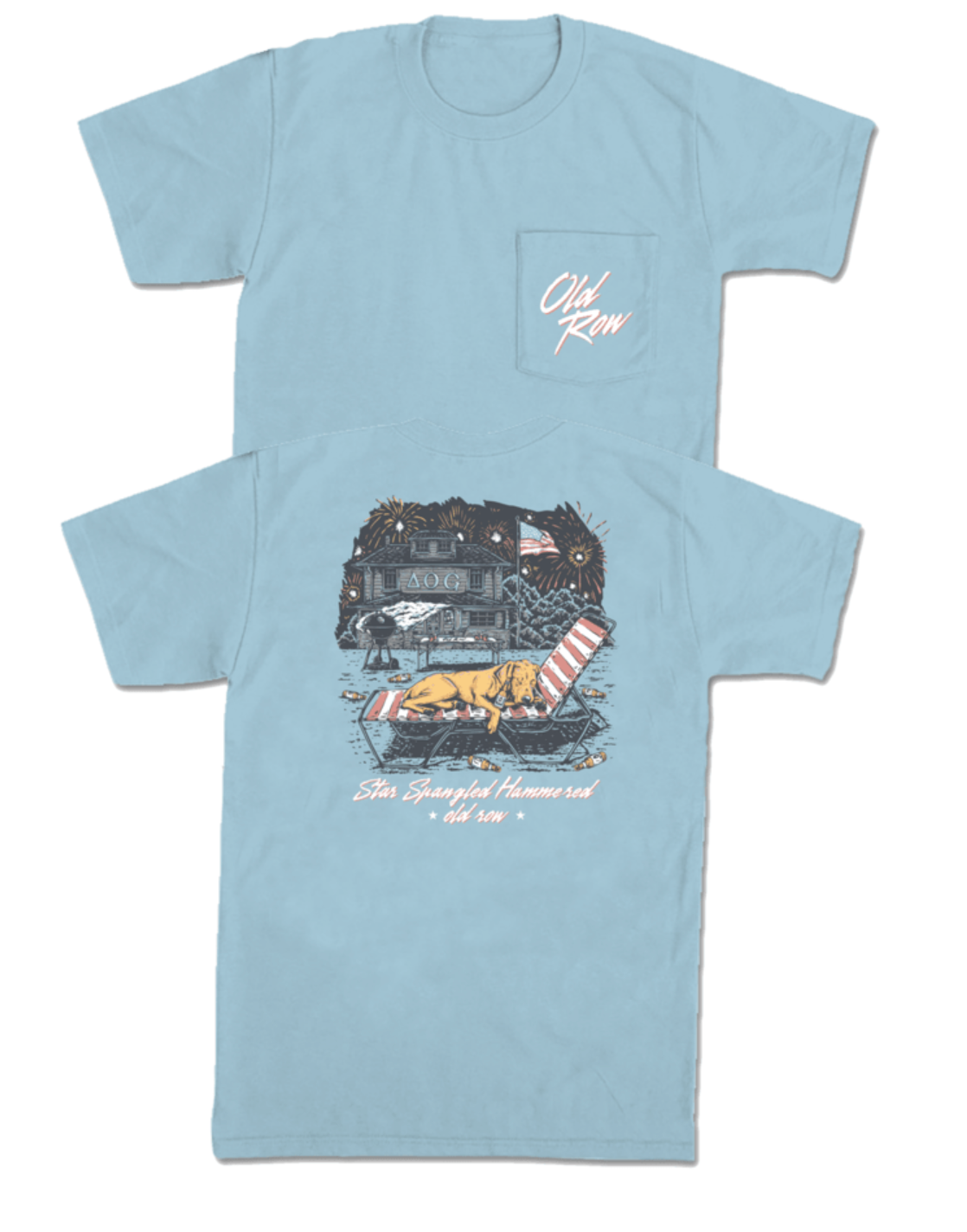 Chambray-colored t-shirt featuring a pocket on the left chest. The back design showcases a detailed graphic of a fraternity house scene with a playful "hammered" pup, adding humor and personality to the tee.