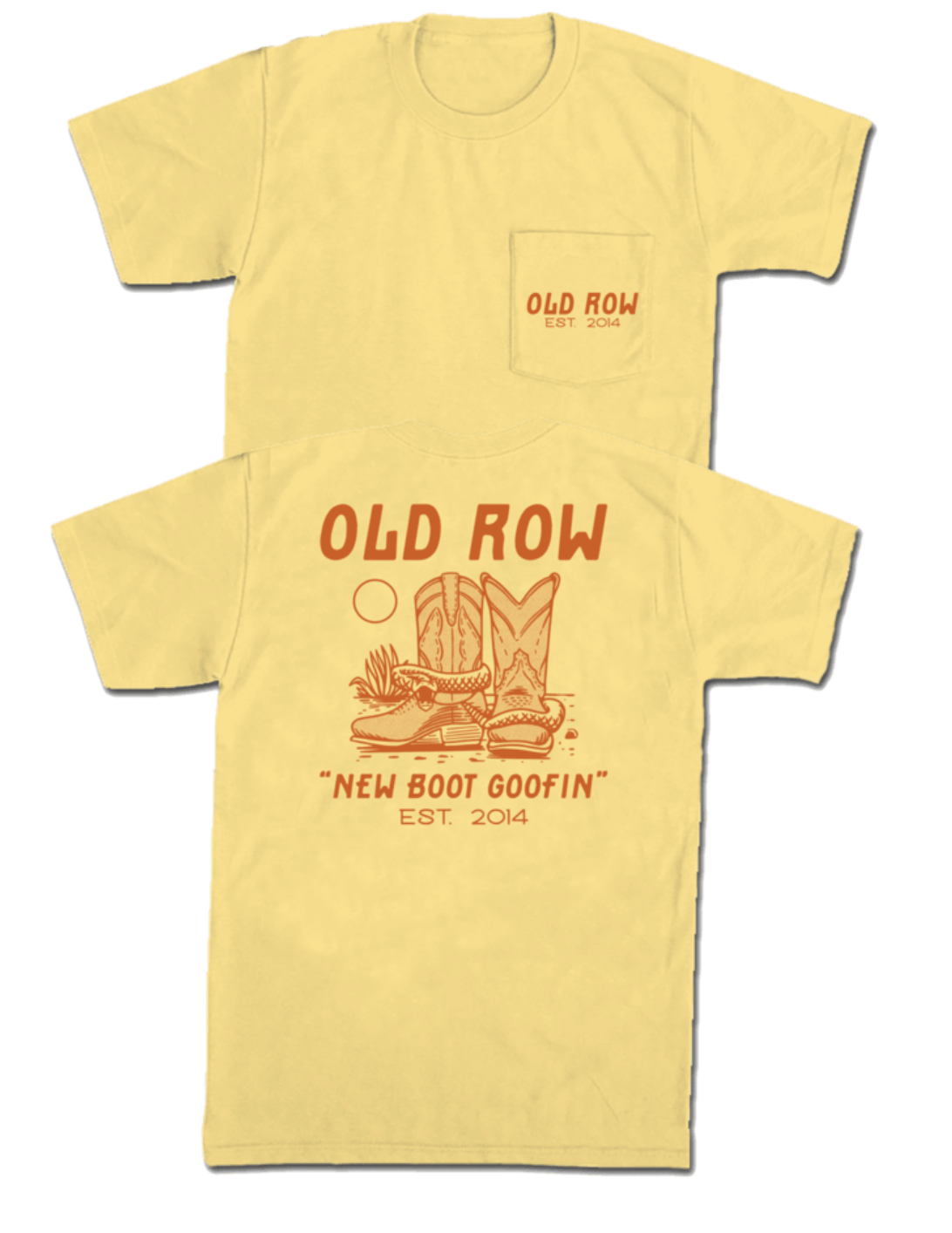 Butter yellow t-shirt featuring a pocket on the left chest. The back design shows a playful graphic of boots in the desert, adding a fun and adventurous touch to the tee