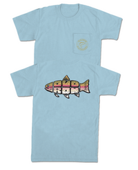 Thumbnail for Chambray-colored t-shirt featuring a pocket on the left chest. The back design showcases bold text and an artistic trout graphic, celebrating outdoor life.