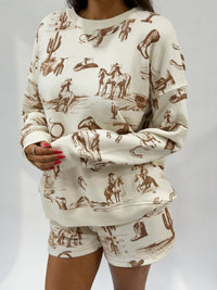 Thumbnail for Blu Pepper women’s cream and brown Western toile-print sweatshirt