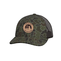 Thumbnail for Youth - Old School Camo Leather Patch Trucker Mesh Snapback Cap