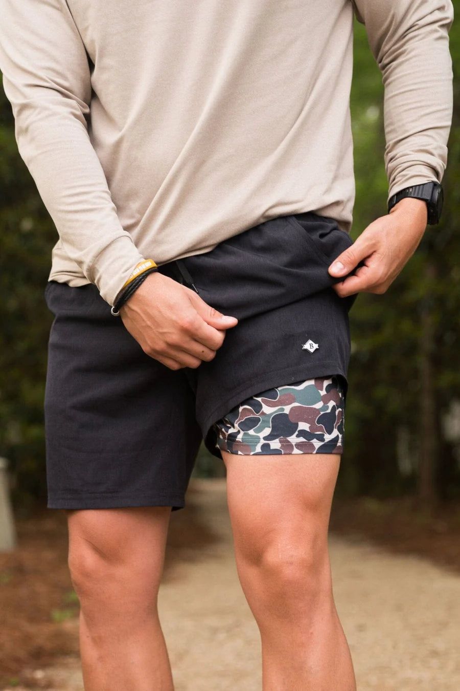 Heather Black 7 Inch Performance Athletic Short - Throwback Camo Liner