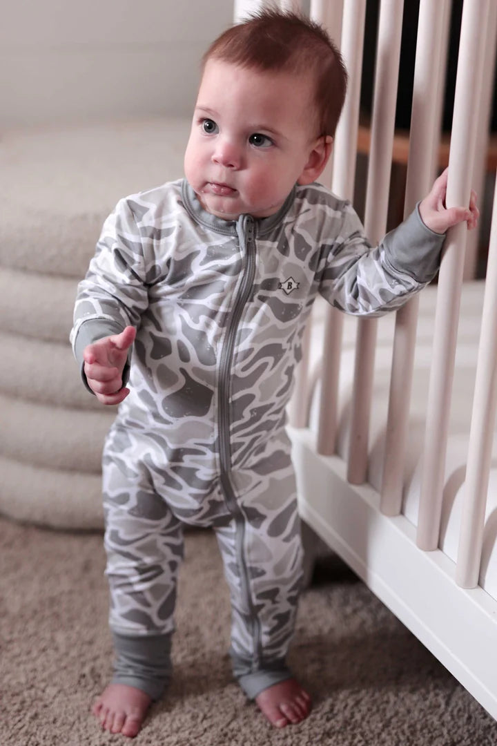 White Old School Camo Baby Zip Up Onesie Home Bound Apparel