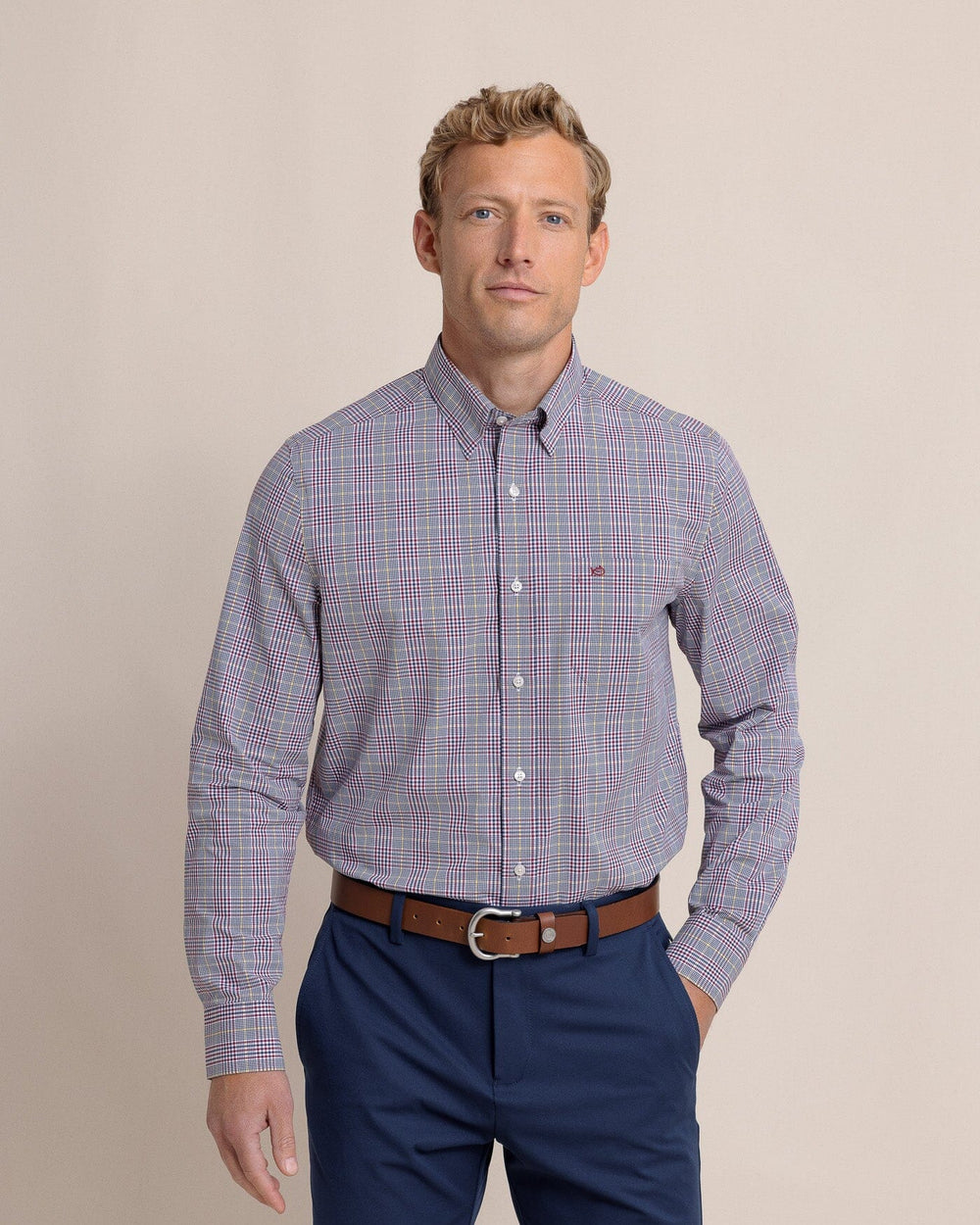 Men's Charleston Brunswick Plaid Long Sleeve Performance Sport Shirt - Muscadine