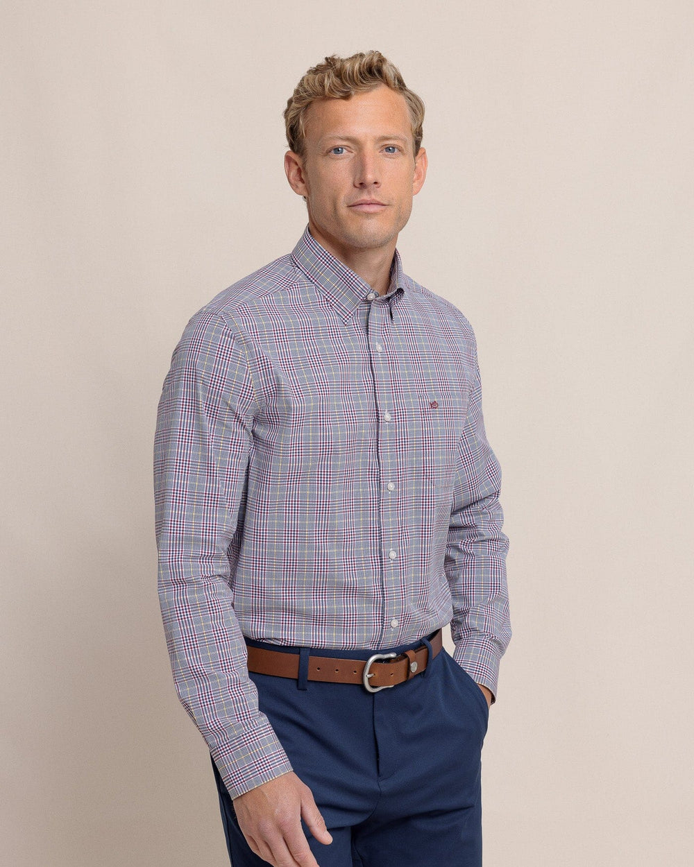 Men's Charleston Brunswick Plaid Long Sleeve Performance Sport Shirt - Muscadine