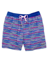Thumbnail for A pair of Properly Tied Men's Shordee Malibu Wave Swim Trunks laid out on a white surface. The swim trunks feature a vibrant wave pattern in shades of blue and teal, with an elastic waistband for a comfortable fit. The image also includes a matching straw hat in the background, available in adult sizes.