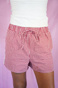 Thumbnail for Red Gingham Shorts with Lace Detail